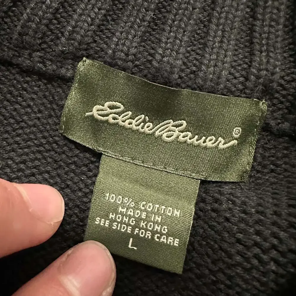 Vintage Eddie Bauer Men's Black Grey Fair Isle 1/4 Quarter Zip Cotton Sweater L